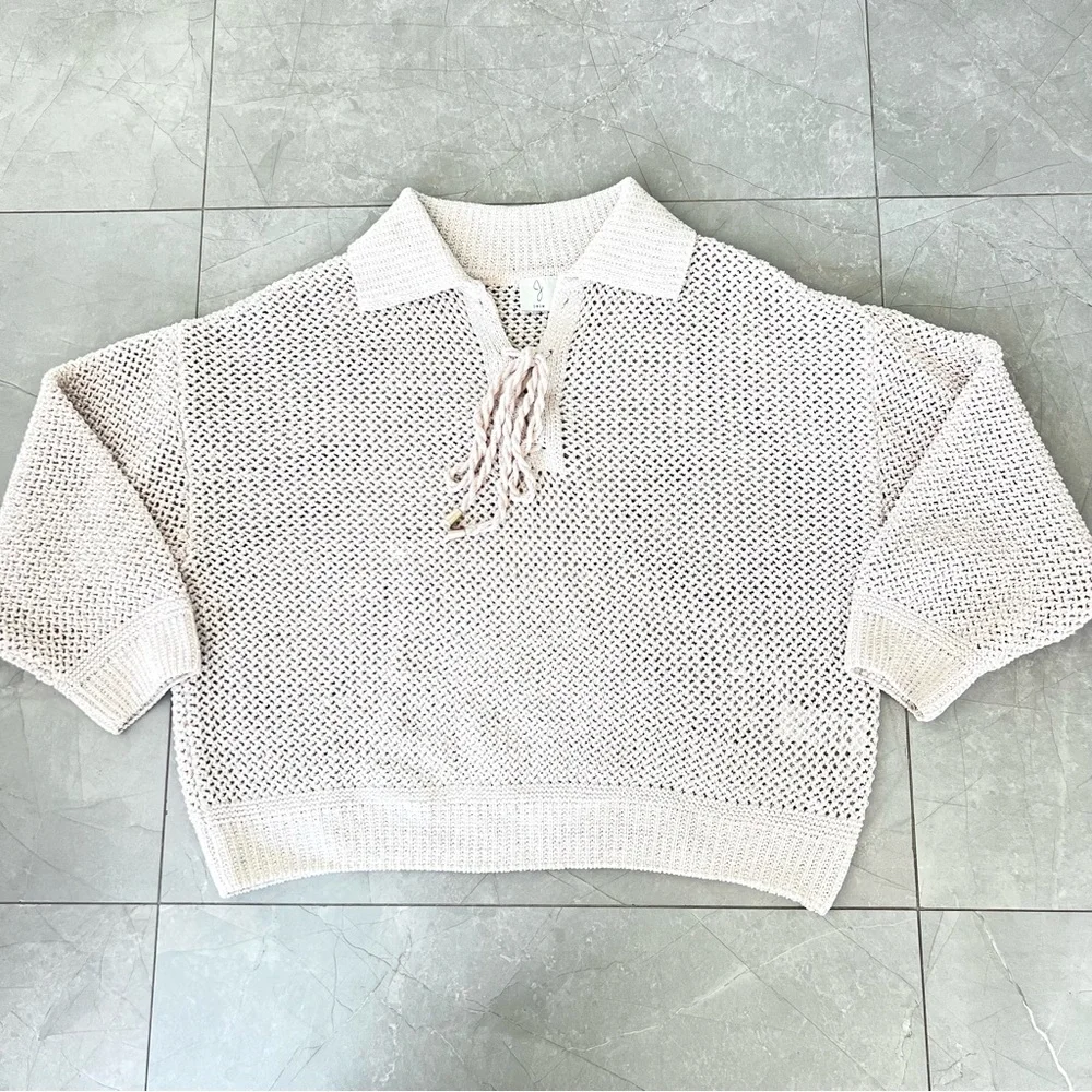 JOIE Cream Metallic Glitter Shimmer Sequins Open Knit Lace Up Sweater Sz XL